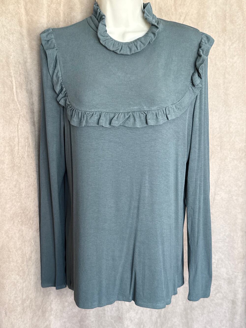 Tulip B Unique Vintage Ash Jade Long Sleeve Ruffle Ribbed Blouse L NWOT